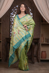 Bengal Gatha ~ Handloom Tussar Silk Saree with Handpainted and Handwoven Butterfly Pallu in Grass Green