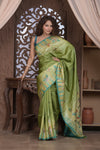 Bengal Gatha ~ Handloom Tussar Silk Saree with Handpainted and Handwoven Butterfly Pallu in Grass Green