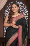 Kashi ~ Handloom Banarasi High Quality Crepe Pure Silk Saree in Black and Mauve (Silk Mark Certified)