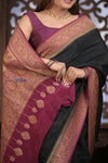 Kashi ~ Handloom Banarasi High Quality Crepe Pure Silk Saree in Black and Mauve (Silk Mark Certified)