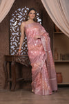 Bengal Gatha ~ Designer Chanderi Cotton Silk Saree with Quadrant Pattern in Peach Pink