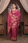 Bengal Gatha ~ Handloom Tussar Silk Saree with Floral Handweave and Cutwork Border in Mauve Pink