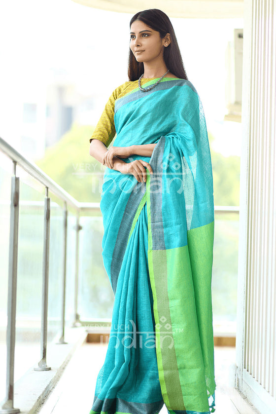 Pure Organic Linen Saree – Blue And Green (Hand-Dyed)