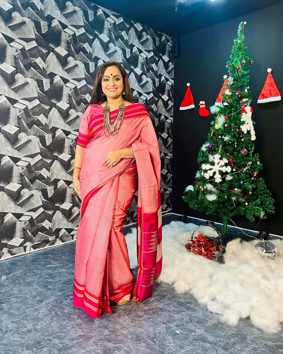 Handloom Cotton Viscose Ilkal Saree with Pure Resham Pallu - Baby Pink with Rose Pink Border