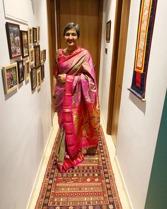  Pure Silk Handloom Pink Dual Tone Paithani Weave 