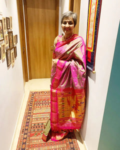 Traditional Authentic Pure Silk Handloom Pink Dual Tone Paithani Weave