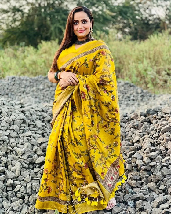 Raaga-Ochre Yellow Tussar Silk With Authentic Kalamkari Print and Beautiful Border