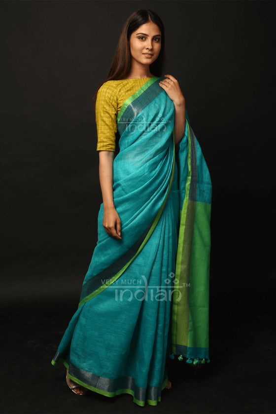 Pure Organic Linen Saree – Blue And Green (Hand-Dyed)