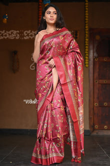  Raaga~  Ferrous Red Handloom Pure Tussar Silk with Floral Prints