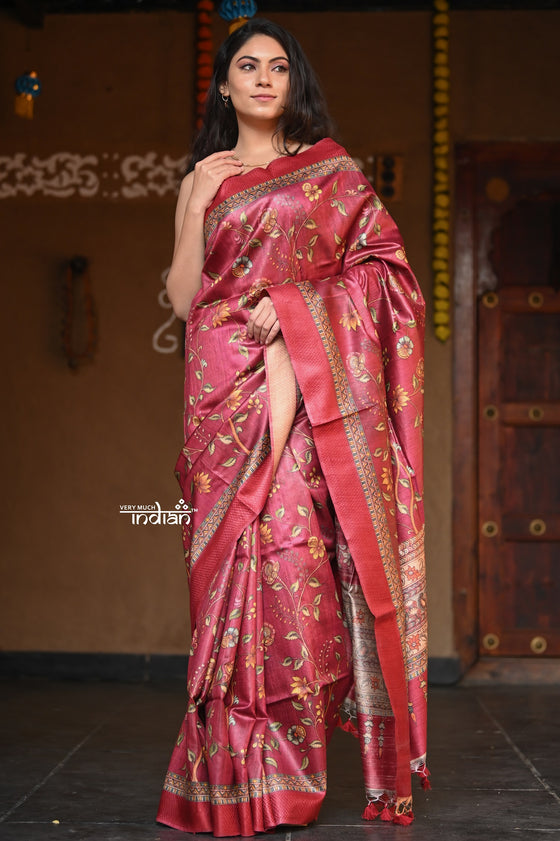 Raaga~  Ferrous Red Handloom Pure Tussar Silk with Floral Prints