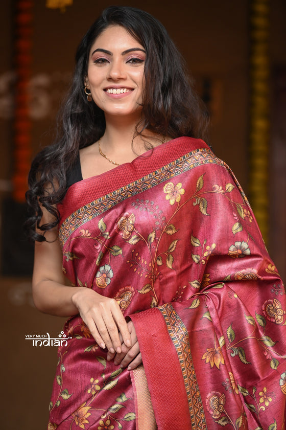 Raaga~  Ferrous Red Handloom Pure Tussar Silk with Floral Prints