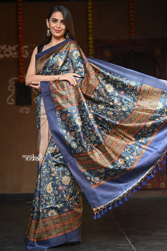 Raaga~ Greyish Blue Handloom Pure Tussar Silk with Kalamkari and Floral Prints