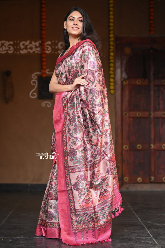 Raaga~  Beautiful Pastel Pink Handloom Pure Tussar Silk with Kalamkari and Floral Prints
