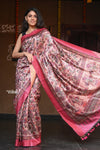 Raaga~  Beautiful Pastel Pink Handloom Pure Tussar Silk with Kalamkari and Floral Prints