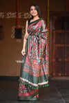 Raaga~  Olive Green Handloom Pure Tussar Silk with Kalamkari and Floral Prints