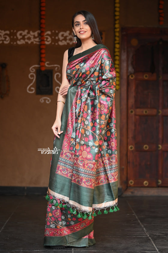 Raaga~  Olive Green Handloom Pure Tussar Silk with Kalamkari and Floral Prints