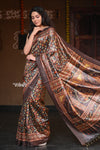 Raaga~ Classic Brown Handloom Pure Desi Tussar Silk with Kalamkari and Floral Prints