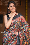 Raaga ~ Adequate Black Pure Handloom Desi Tussar Silk With Authentic Kalamkari Print