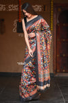 Raaga ~ Adequate Black Pure Handloom Desi Tussar Silk With Authentic Kalamkari Print