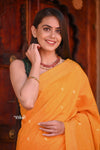 Elegant  Traditional Handloom Pure Cotton Turmeric Yellow Paithani with Unique Radha Krishna Pallu