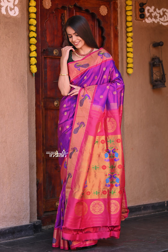Raaga- Authentic Handloom Purple Maharani Paithani with Pink Peacocks Border