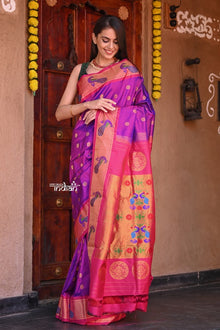  Raaga- Authentic Handloom Purple Maharani Paithani with Pink Peacocks Border