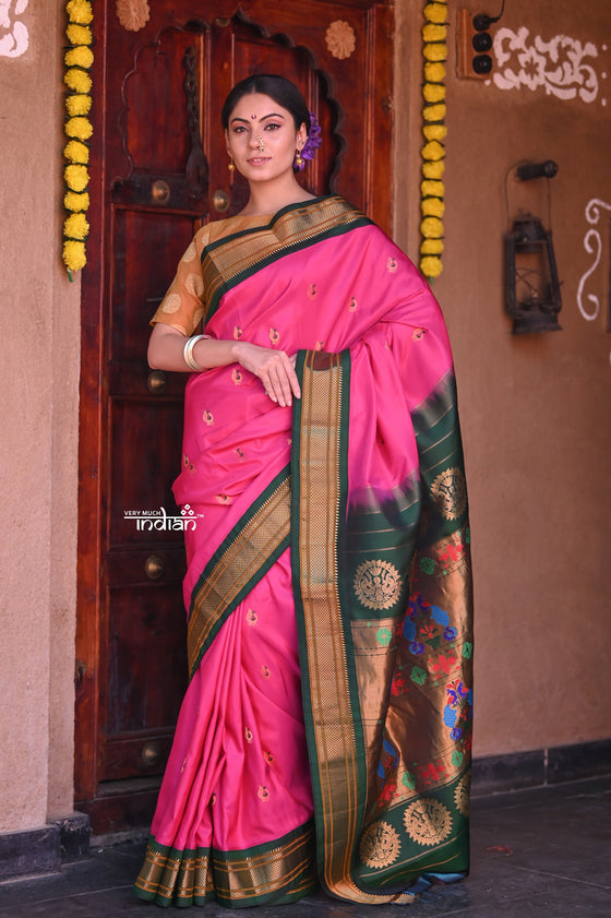 Raaga~ Traditional Handloom Pure Silk Vibrant Pink Maharani Paithani with Royal Green Border