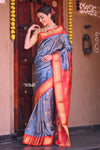 Raaga~ Traditional Handloom Pure Silk Grey Maharani Paithani with Red Border, Peacock Buttis with Meena Work