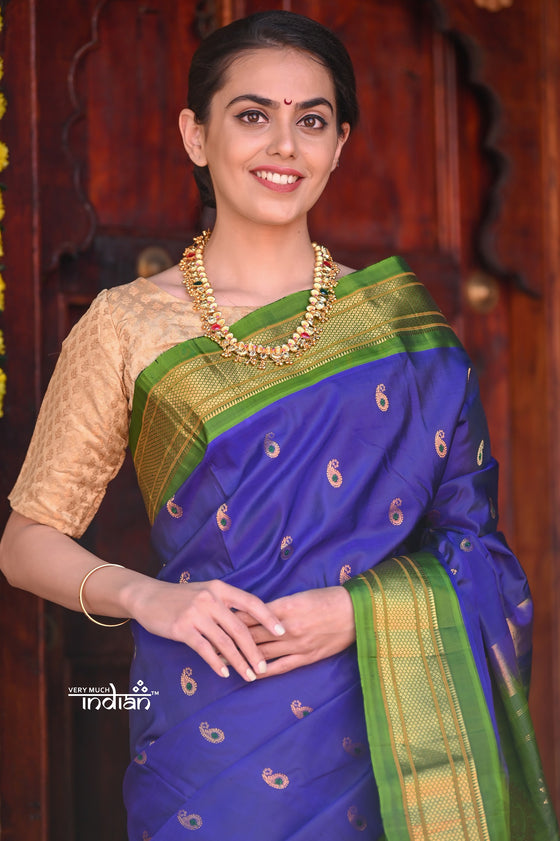 Raaga~ Traditional Handloom Pure Silk Dual Tone Blue Maharani Paithani with Lime Green Border