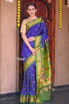 Raaga~ Traditional Handloom Pure Silk Dual Tone Blue Maharani Paithani with Lime Green Border