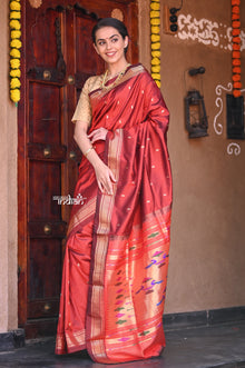  Traditional Handloom Pure Silk Solid Maroon Paithani and Double Pallu