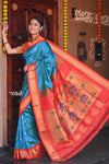 Raaga~ Traditional Handloom Pure Silk Turquoise Blue Maharani Paithani with Red Border