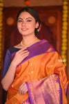 Raaga~ Traditional Handloom Pure Silk Orange Gold Gadwal with Purple Border and Pallu.