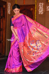 Raaga~ Traditional Handloom Pure Silk Gleaming Violet Paithani with Pink Border and Traditional Pallu