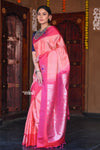 Raaga~ Traditional Handloom Peach Pink Gadwal Saree With Pink Border And Zari Work Pallu