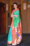 Raaga Exclusive ~ Muniya Border Traditional Handloom Pure Silk Sea Green Paithani with Parrots Pallu
