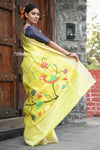 Raaga~ Traditional Handloom Pure Cotton Fresh Yellow Paithani with Parrots  Pallu