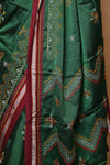 Traditional Khun Saree - Cotton Resham Authentic Handwoven Saree, Bottle Green Weave with Kashida work - Red Border