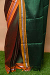 Traditional Khun Saree - Cotton Resham Authentic Handwoven Saree, Dual Tone Green Weave with Yellow Border