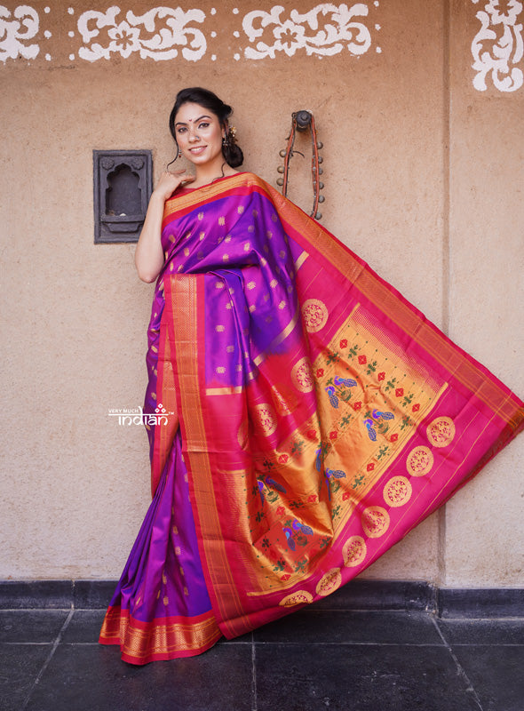 Authentic Pure Silk Handloom Maharani Paithani – Purple Pink