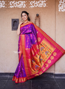  Rajsi~ Authentic Pure Silk Handloom Maharani Paithani – Purple Pink Traditional Combination with Floral Buttis, High Quality Silk