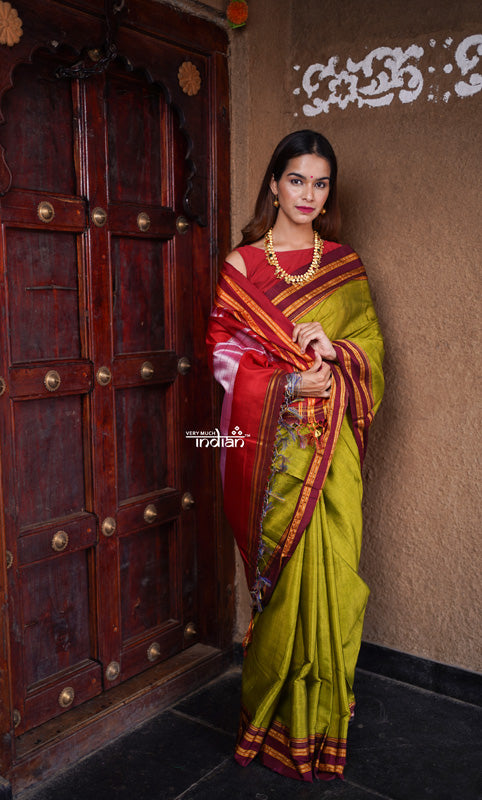 Handloom Cotton Viscose Ilkal Saree with Pure Resham Pallu – Bright Green with Red Border