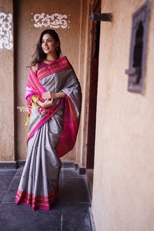  Handloom Cotton Viscose Ilkal Saree with Pure Resham Pallu - Grey with Pink Border