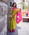 Handloom Cotton Viscose Ilkal Saree with Pure Resham Pallu – Bright Green with Pink Border