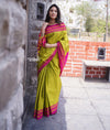 Handloom Cotton Viscose Ilkal Saree with Pure Resham Pallu – Bright Green with Pink Border