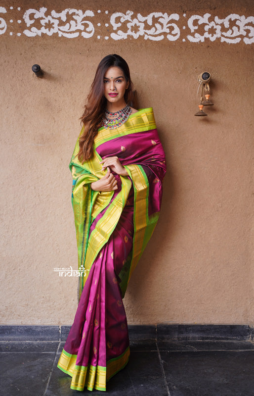 Rajsi~ Authentic Pure Silk Handloom Maharani Paithani – Wine and Bright Green with Peacock Buttis and Meena Work, High Quality Silk