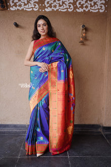  Authentic Handloom Pure Silk Muniya Border Maharani Paithani - Dual Tone Peacock Blue with Beautiful Peacock Buttis and Meena Work