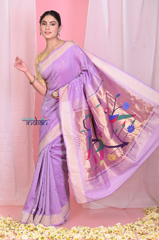 Pehal~ Traditional Lilac Cotton Paithani Saree with Zari Border & Authentic Parrot Pallu