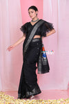Pehal~ Traditional Adequate Black Cotton Paithani with Silver Border & Beautiful Parrot Pallu