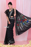 Pehal~ Traditional Adequate Black Cotton Paithani with Silver Border & Beautiful Parrot Pallu